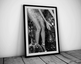 レトロなディスコボールポスター、印刷可能なハイプビーストウォールアート、白黒、ファッション写真、ヴィンテージバープリント、パブの装飾、デジタルダウンロード