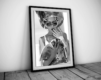Woman Reading in Hair Salon Print, Black and White Wall Art, Fashion Poster, Teen Girl Bathroom Decor, Hair Salon Wall Art, Digital Download