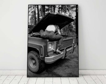 Cowgirl on Truck Western Print, Black and White, Vintage Cowgirl Poster, Printable Retro Cowgirl Wall Art, Farmhouse Decor, Digital Download