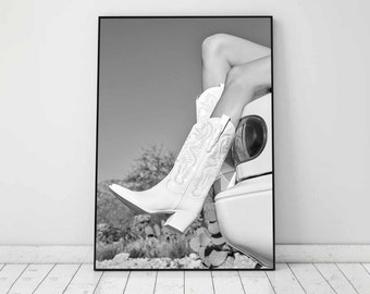 Cowgirl Boots Print, Feminist Poster, Black and White Wall Art, Fashion Print, Girly Dorm Room Decor, Trendy Retro Wall Art Digital Download