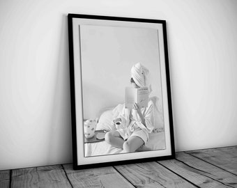 Woman Reading Book & Drinking Coffee Print, Black and White Photo, Fashion Wall Art, Bathroom Poster, Teen Girl Room Decor, Digital Download
