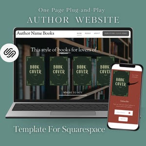 Op de afbeelding: Een laptop en smartphone tonen een auteurswebsite-sjabloon. Het laptopscherm toont een website met boekomslagen en de tekst "Author Name Books". De smartphone toont een boekomslag en een abonnementsformulier. Tekst: "One Page Plug-and-Play AUTHOR WEBSITE."