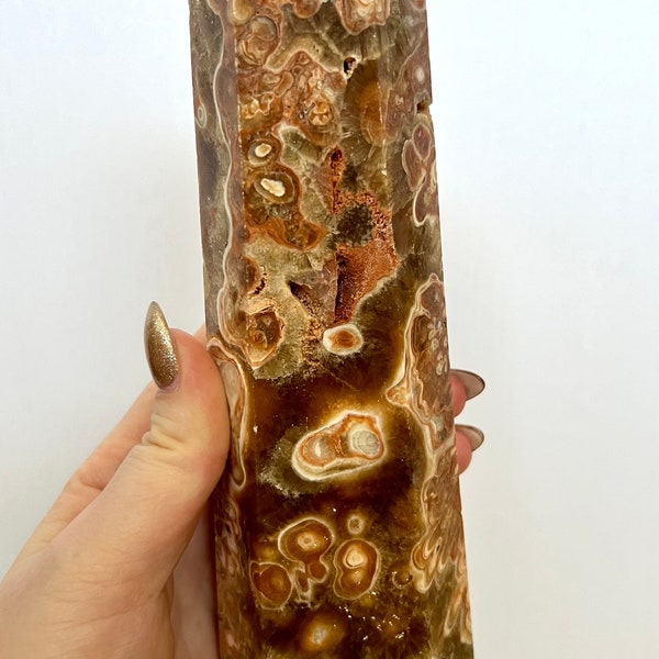 XL BEAUTIFUL Amber Calcite Tower with Gorgeous Flower Pattern & Sparkly Druzy Pockets 1.040kg | Genuine Natural Crystal | Hand-picked | AU