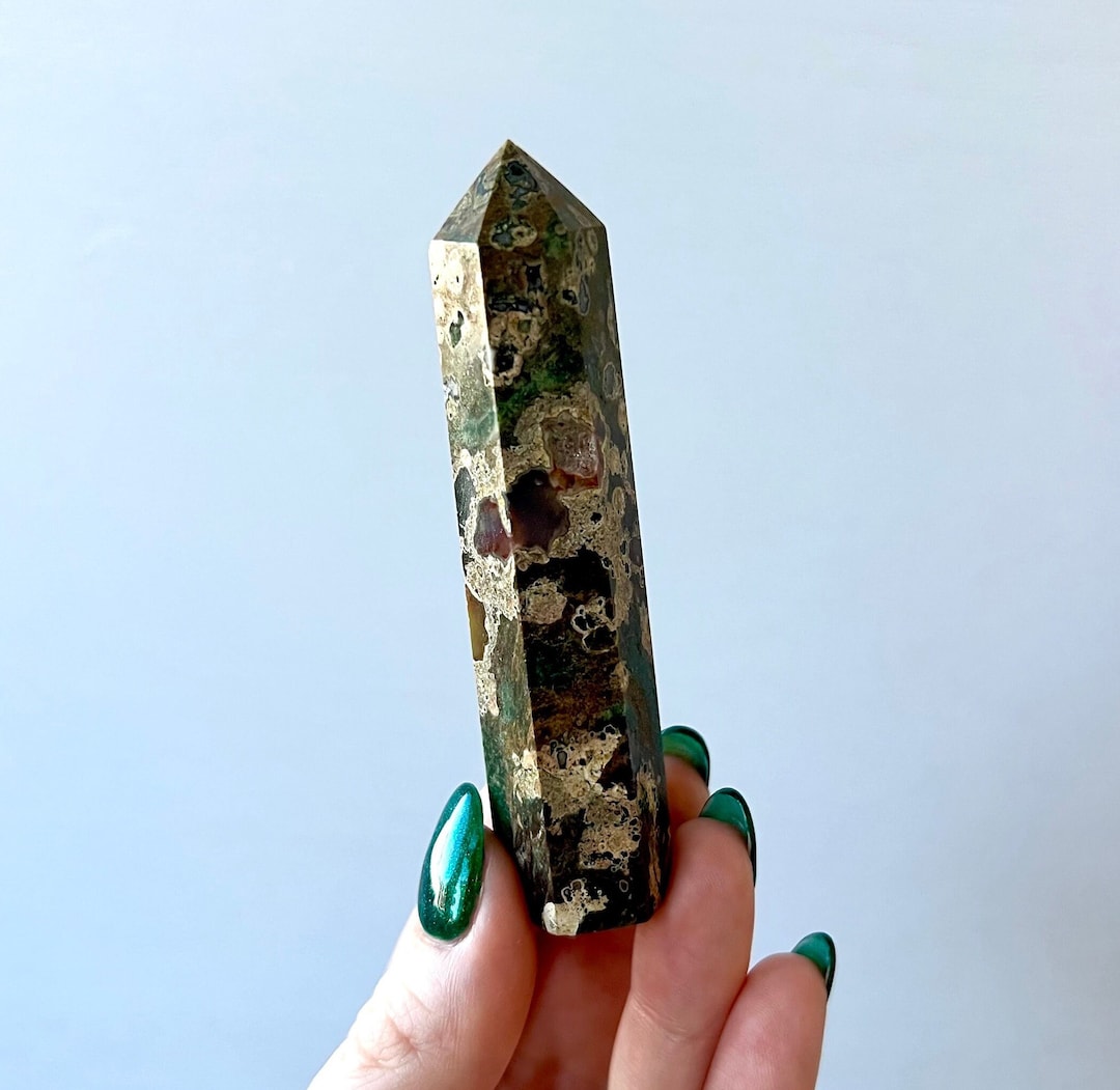 Pyroclastic Rhyolite Green GREEN RHYOLITE Tower 67g | Rainforest Jasper | Natural Genuine Crystal ...