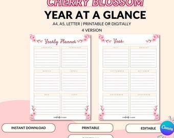 Ano da flor de cerejeira em resumo, planejador anual de duas páginas para impressão, Goodnote 12 meses Visão geral Tamanho A4/A5/Carta Download instantâneo em PDF