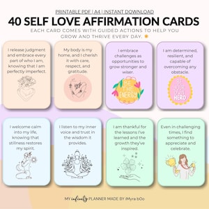 Cartes d'affirmation de l'amour de soi avec actions, affirmations positives quotidiennes à imprimer, jeu de cartes à imprimer pour prendre soin de soi, cartes de motivation numériques