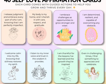 Cartões de Afirmação de Amor Próprio com Ações, Cartões de Afirmações Diárias Positivas para Imprimir, Baralho de Autocuidado para Imprimir, Cartões Motivacionais Digitais