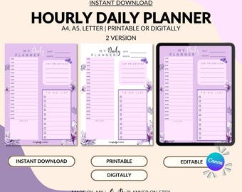 Planejador Violeta Diário Imprimível por Hora, Lista de Tarefas Diárias Sem Data, Cronograma por Hora, Planejador Digital Tamanho A4/A5/Carta