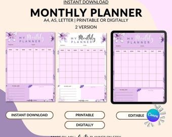 Planejador mensal violeta para impressão, planejador digital mensal editável sem data A4/A5/tamanho carta para download instantâneo