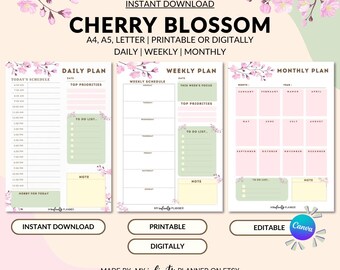 Planejador digital de flores de cerejeira da primavera, planejador diário, semanal, mensal, planejador para iPad, planejador imprimível sem data Goodnote, tamanho A4/A5/Carta
