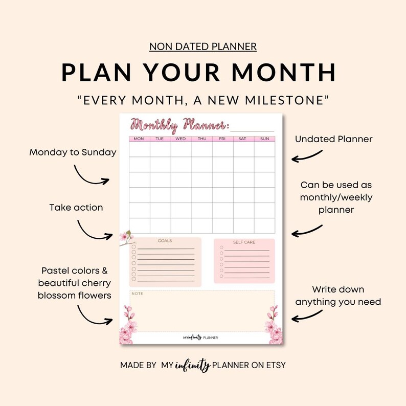 Cherry Blossom Monthly Planner, Printable Planner Sakura, Undated ...