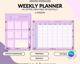 Planejador semanal imprimível violeta, lista de tarefas semanais sem data, planejador semanal digital editável tamanho A4/carta, diário digital com marcadores