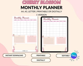 Planejador mensal de flores de cerejeira, planejador imprimível Sakura, planejador Goodnote sem data, planejador digital rosa tamanho A4/A5/carta, download instantâneo