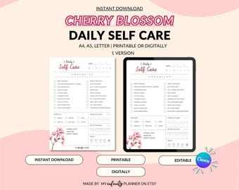 Planejador de autocuidado com flor de cerejeira, planejador de produtividade para impressão, planejador digital de saúde e condicionamento físico tamanho A4/A5/carta, download instantâneo