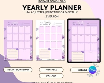Planejador Violeta Anual Imprimível, Planejador Digital Anual Editável Sem Data Tamanho A4/A5/Carta Download Instantâneo