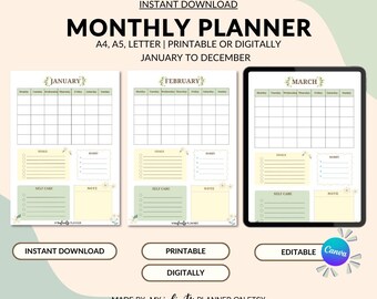 Planejador mensal digital para impressão Spring Margherita, planejador de estudante, planejador para iPad, planejador sem data de 12 meses, tamanho A4/A5/Carta