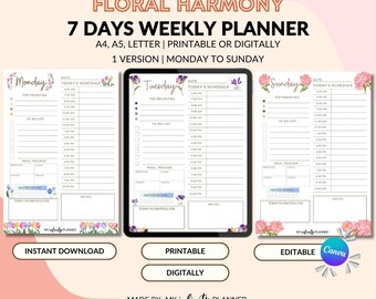 Planejador Diário Floral Harmony Digital de 7 Dias, Planejador Diário de Horas, Planejador Pessoal, Planejador Imprimível com Download Instantâneo, Tamanho A4/A5/Carta