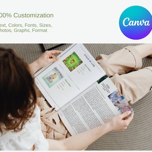 May include: A woman is reading a book with colourful illustrations. The book has the title "Cycle of Life" and "What's in There?" The book is open to a page with a picture of a child and a caption that says "Still". The book is on a brown woven rug. The image includes the Canva logo.