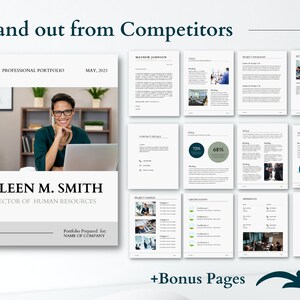 May include: A professional portfolio for Eileen M. Smith, Director of Human Resources. The portfolio includes a photo of Eileen, contact details, project highlights, and a section for references. The portfolio is designed to help Eileen stand out from competitors.