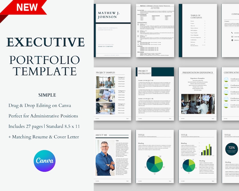Executive Portfolio Template Canva, Professional Resume and Cover Letter, Career Portfolio