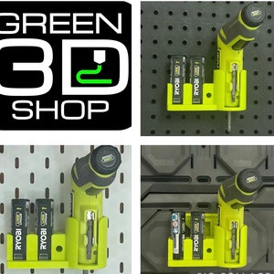 May include: A collage of images showcasing a lime green 3D printed tool holder for a Ryobi cordless screwdriver and batteries. The holder is mounted on a pegboard. The logo for Green 3D Shop is in the upper left corner.