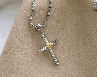 Gifts for Mom,Cable Cross Chain Necklace Yurman Sterling Silver & Gold ”X“ Cross Cable Necklace Cross Pendant Necklace,Men Necklace