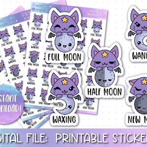 May include: Printable stickers featuring a cute purple bat holding different phases of the moon. The stickers include "Full Moon", "Waning", "Half Moon", "Waxing", and "New Moon".