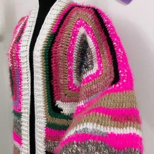 Crochet Cardigan , Pink , Crochet Moher Wool Cardigan - Clothing - Fashion Handmade S/M Size Length 89 Cm Strickjacke