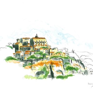 Village of Gordes watercolor painting in Luberon, Provence, France.