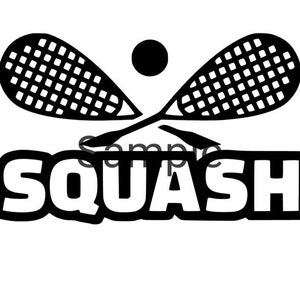 Puede incluir: Ilustración en blanco y negro de dos raquetas de squash cruzadas con una pelota en el centro. La palabra "SQUASH" está escrita en letras blancas en negrita debajo de las rackets.