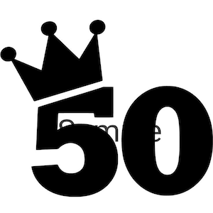 May include: Black and white graphic design of a crown above the number 50.