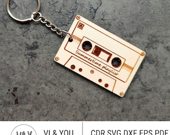 Audio cassette keychain svg, audio tape key ring svg, key chain svg, music key fob file, retro keychain svg, laser cut keychain