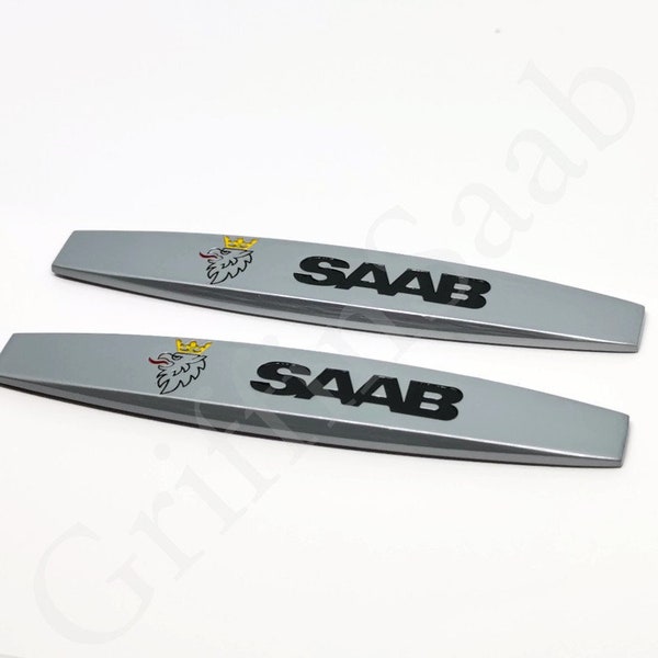 2x Saab Wing Side Metal Silver Fender Badge Emblem Pair 93 95 9-3 9-5 900 9000