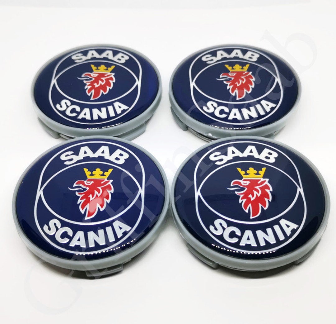 4x Saab Scania Alloy Wheel Centre Hub Caps Blue 62mm 63mm 93 93 95 95