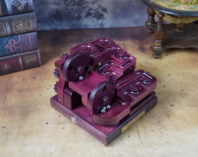 Purple Heart Wood Marble Machine - Kinetic Sculpture, Desk Ornament - office decor: Double Wheel + module 14