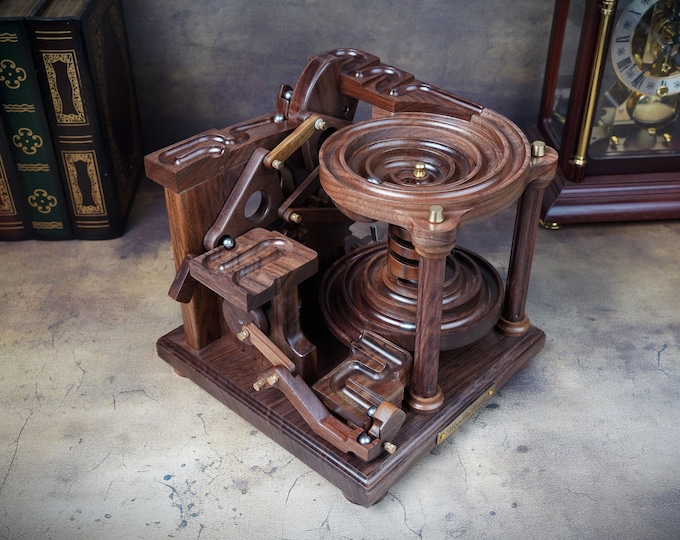 Custom Engraved Kinetic Art Marble Machine: Walnut Wood, Theo Jansen Inspired Desktop Ornament