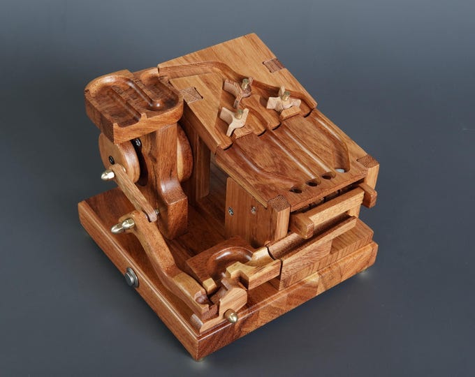 Red Doussie Wood Marble Machine: Kinetic Art Desk Decor