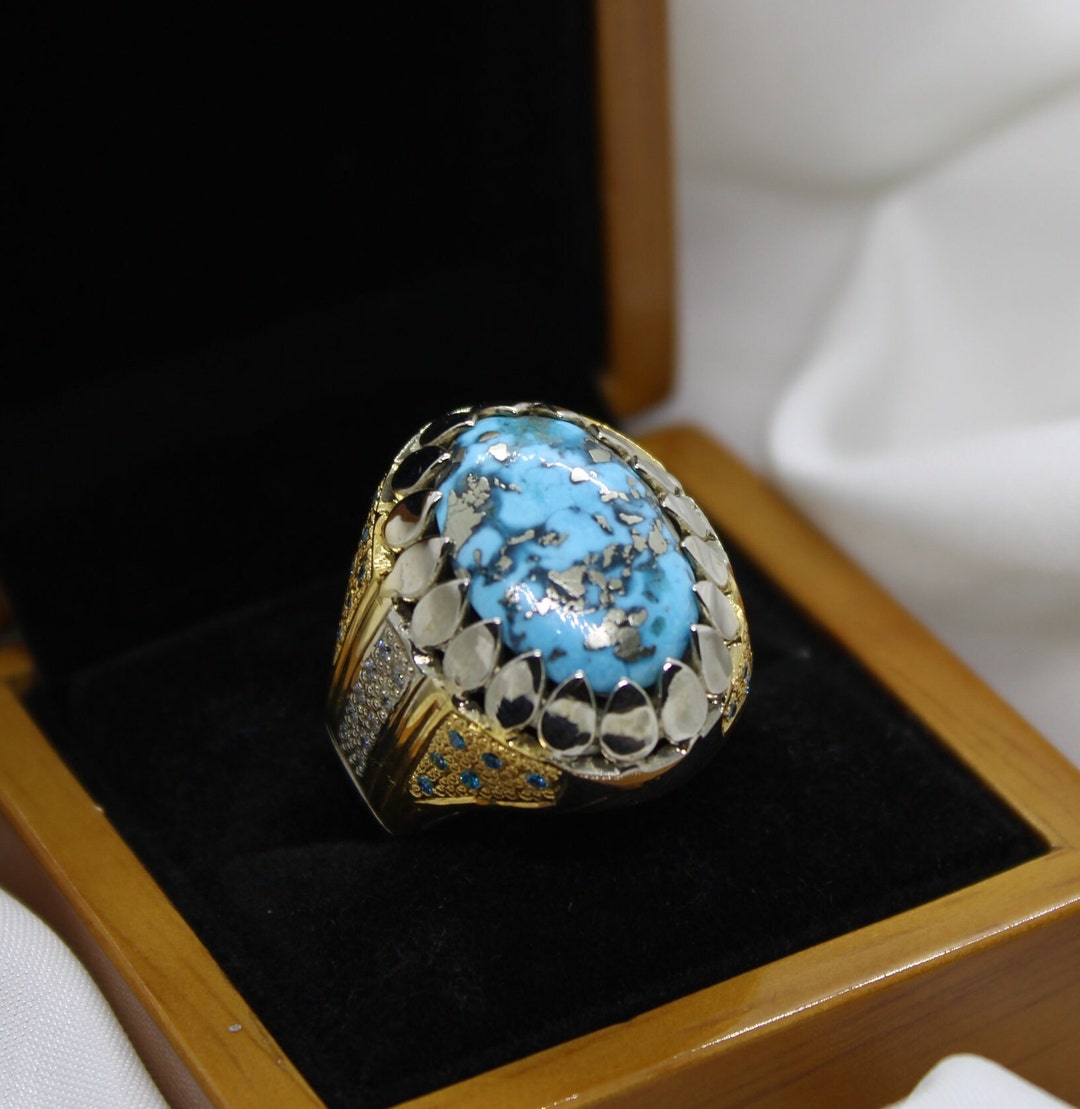 Natural Turquoise Neshapuri Shajri Feroza Ring, Handmade Ring, 925 ...