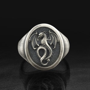 Sterling Silver Winged Dragon Signet Ring For Men, Gold Coated, Shiny Silver and Oxidized Mens Signet Ring For Him, Personalized Dragon Gift