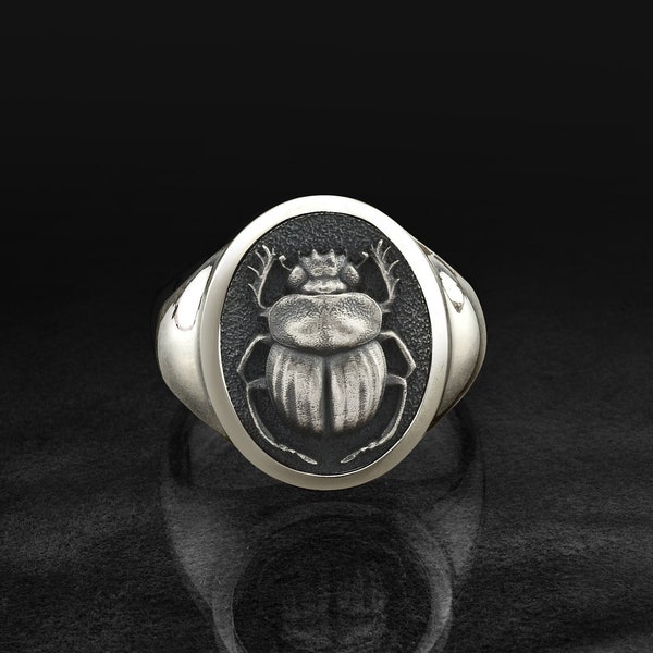 Sterling Silver Egyptian Scarab Men's Signet Ring, 925 Antique Scarab Luck Jewelry For Dad, Personalized Ancient Scarab Gift Ring for Her