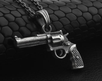 Charming Revolver Pistol Men Necklace in 925 Sterling Silver, 3D Handgun Revolver Pendant with Chain Gift For Husband, Cowboy Pistol Jewelry