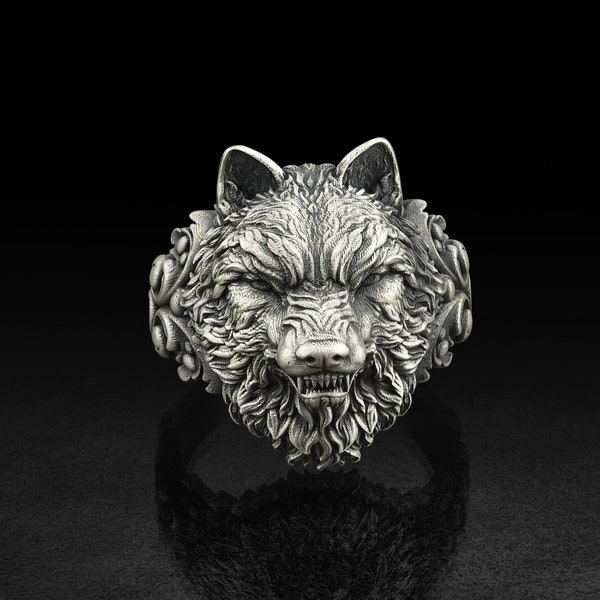 Sterling Silver Wild Wolf Head Ring in Oxidized For Men's, Personalized Wolf Jewelry For Him, Charming Large Animal Gift For Animal Lover's