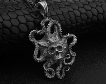 Octopus With Skull Men Necklace For Biker's, Sterling Silver Octopus Pirate Jewelry For Sailor's Gift, Charming Pirate Gift For Bestfriend