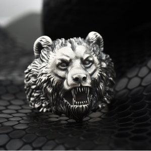 Sterling Silver Angry Bear Head Ring For Men's, 925 Personalized Wild Animal Jewelry For Husband, 3D Scandinavian Bear Gift For Mother's Day