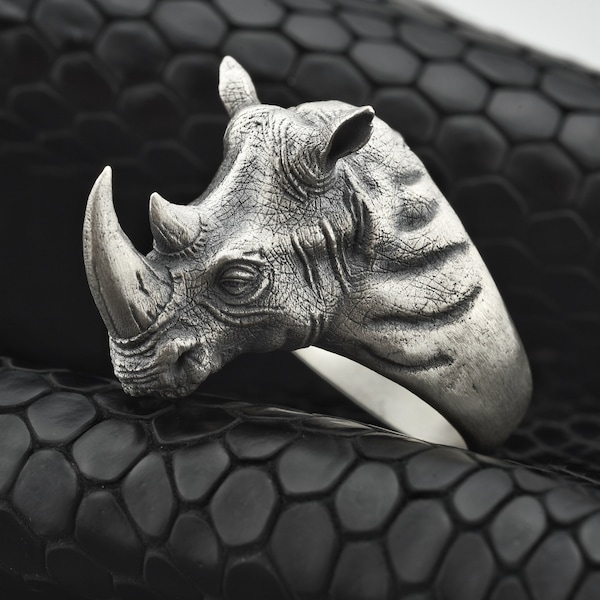 Bague tête de rhinocéros africain en argent sterling pour homme, bijoux de rhinocéros personnalisés 3D pour ami, meilleur cadeau animal pour amoureux de la nature, cadeau pour lui