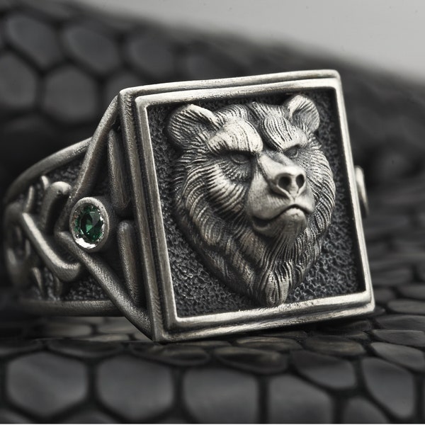 Chevalière charmante bague tête d'ours sauvage pour homme, cadeau personnalisé ours en pierres précieuses pour amoureux de la nature, 925 bijoux animaux scandinaves oxydés