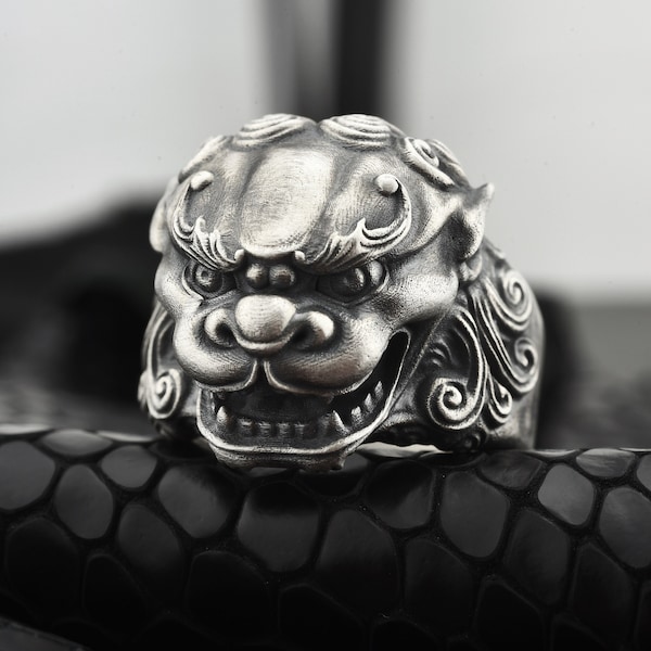 Personalized Silver Foo Dog For Men's Ring, Giant Asian Foo Lion Jewelry, Asian Foo Dog Ring, Chinese Guardian Lions Ring, 925 Gift For Him