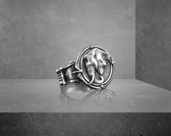 Elefant Silber Tier Siegelring, Gravierte Herren Glück Ring für Freund, Natur Ring für Mann, Einzigartige Heilring für die Familie