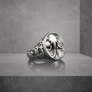 Elephant Silver Animal Signet Ring, Engraved Nature Ring for Best ...