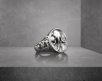 Elefant Silber Tier Siegelring, gravierte Natur Ring für die beste Freundin, spiritueller Ring für Freund, Inspirational Ring, Geschenk für Mann